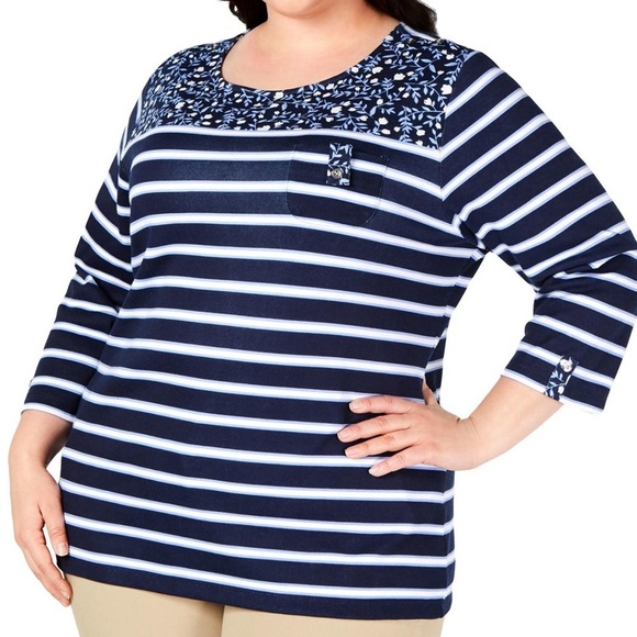 NWT Karen Scott Blue Stripe Floral Top - Picture 1 of 6
